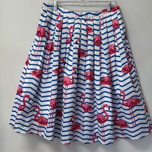 Chicwish Blue White Pleated A-Line Midi Skirt Resort Wear Flamingos XXL